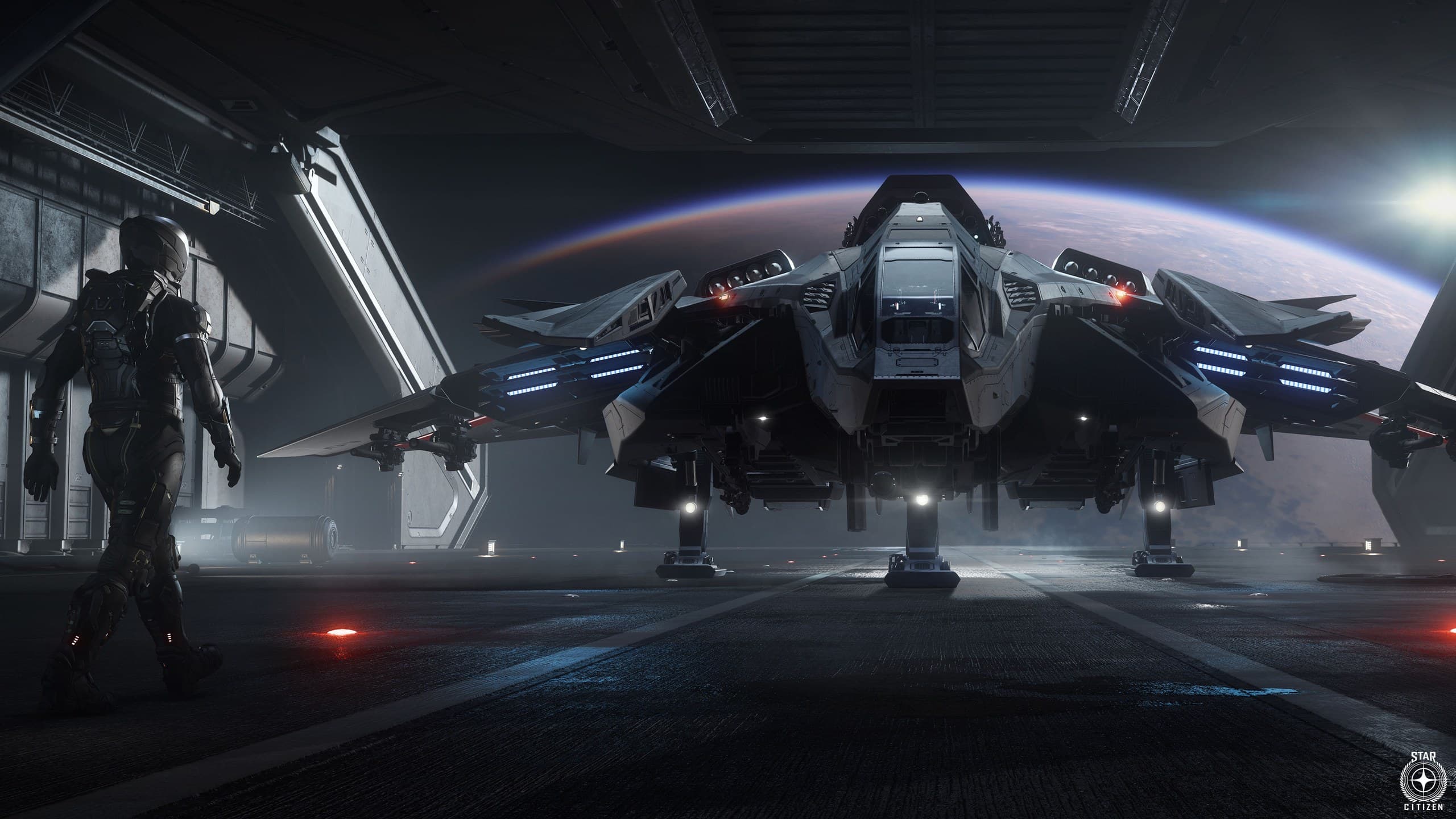 A fighter ship waiting on a hangar deck, ready for departure